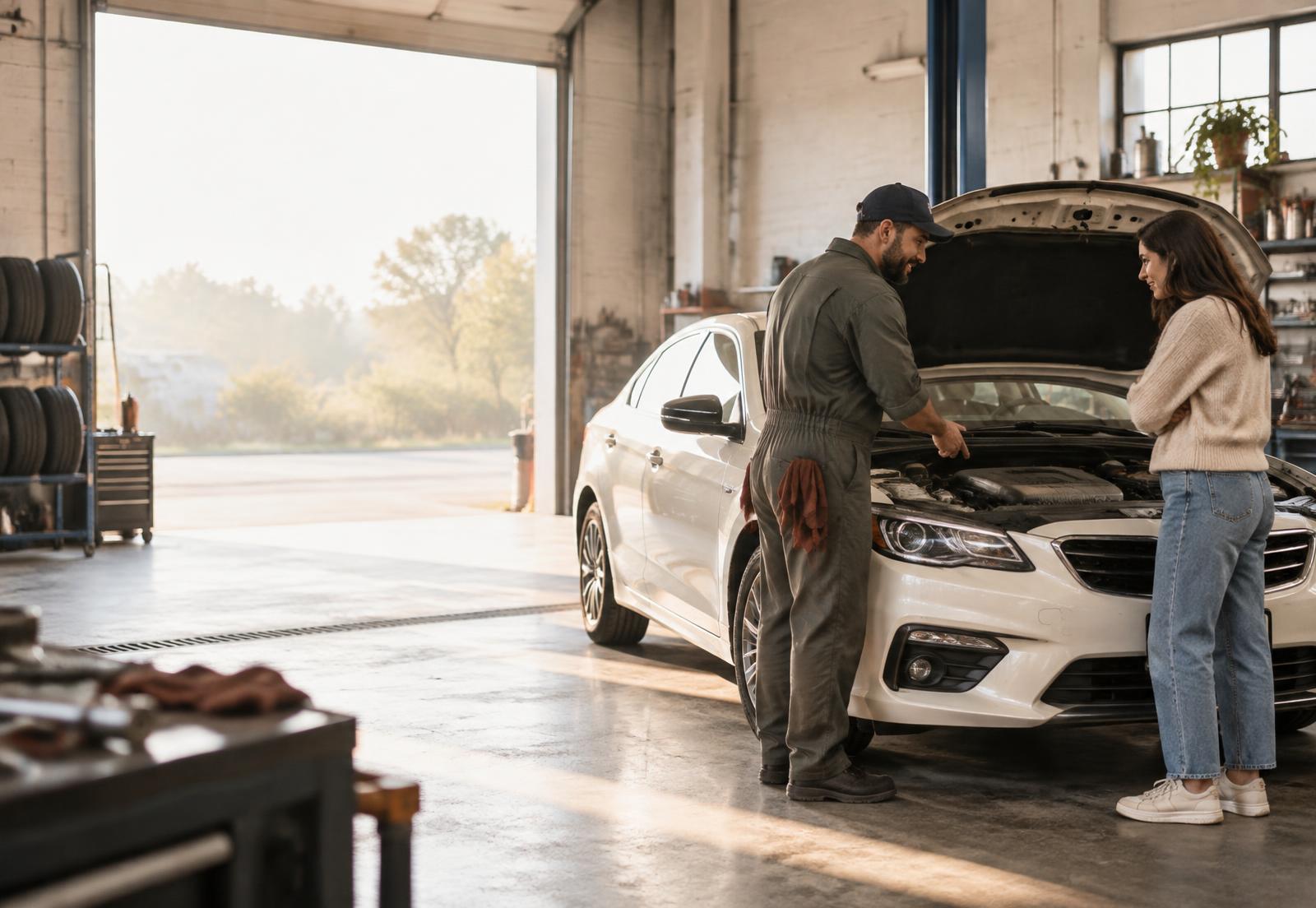 A driver and mechanic discussing a repair in a sunlit workshop